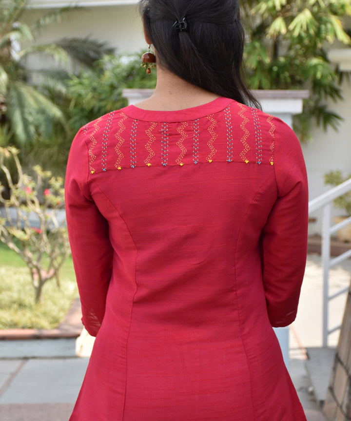 Brick red silk hand embroidery tunic