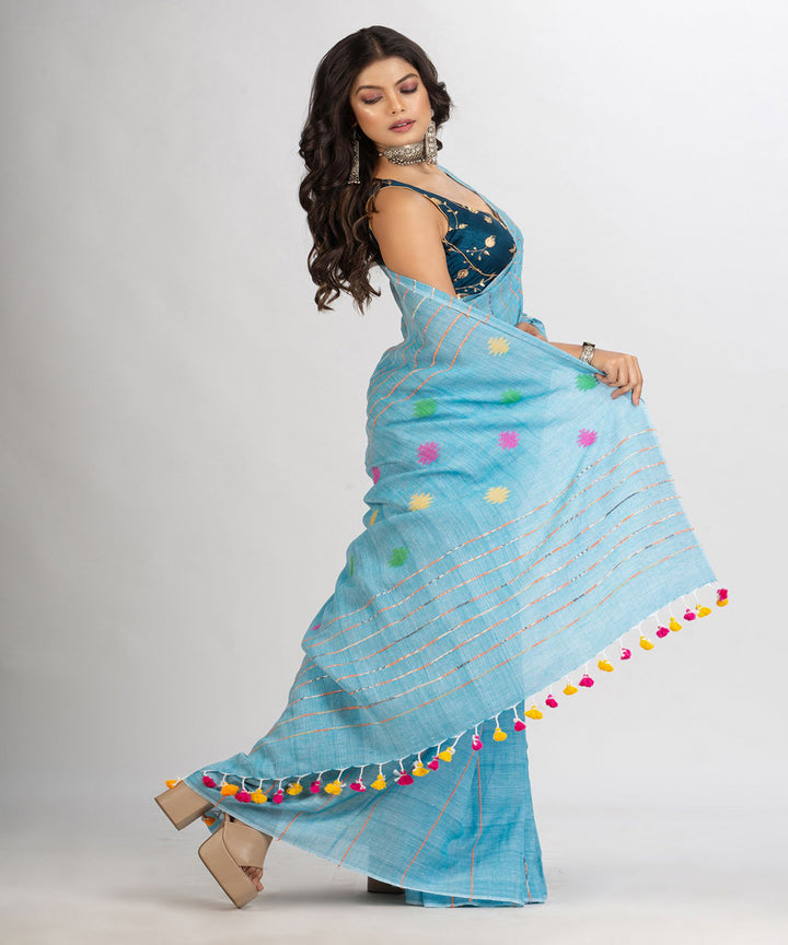 Sky blue striped handwoven cotton bengal saree