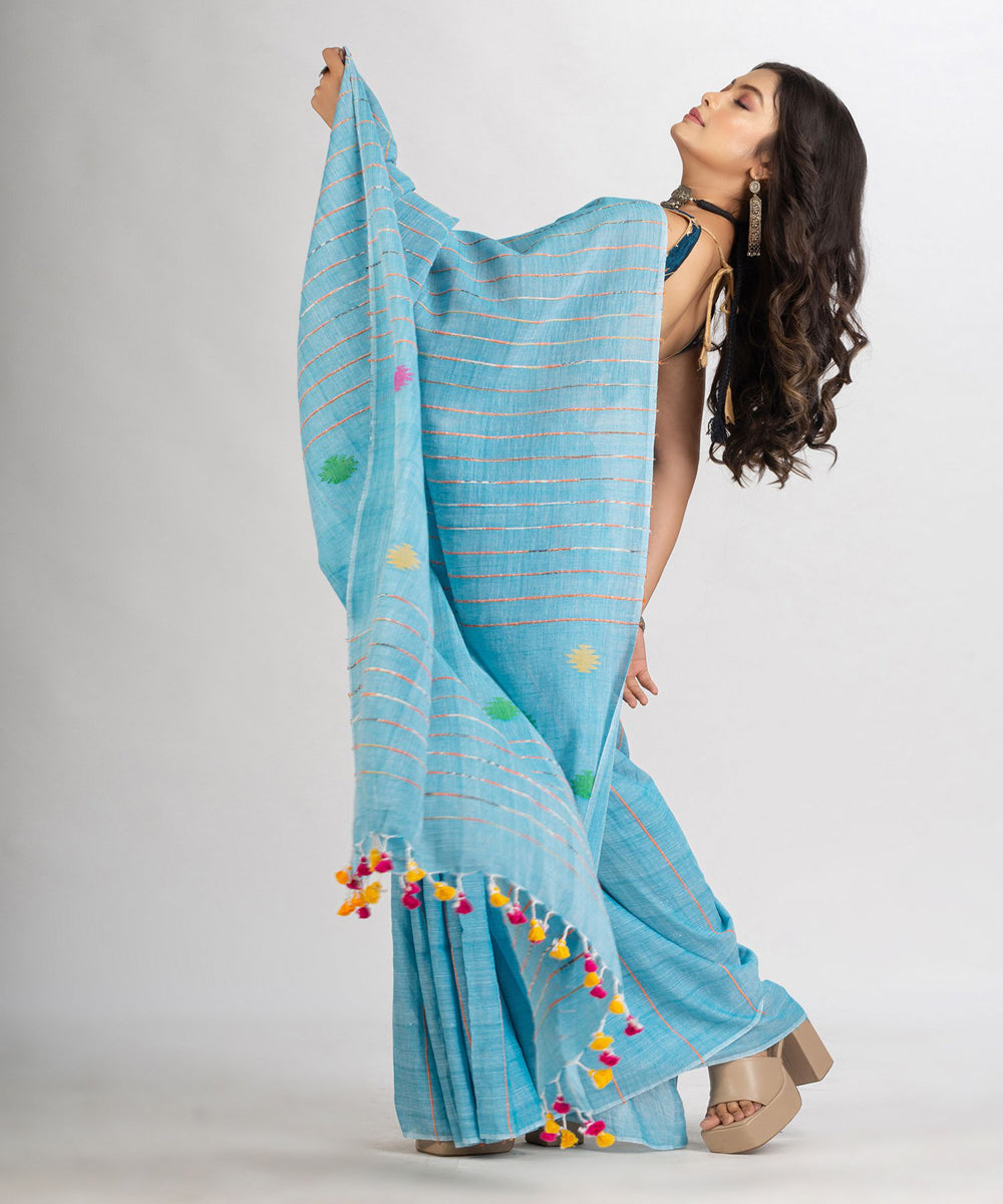 Sky blue striped handwoven cotton bengal saree