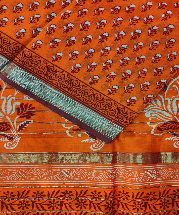 Orange hand block printed maheshwari cotton silk saree