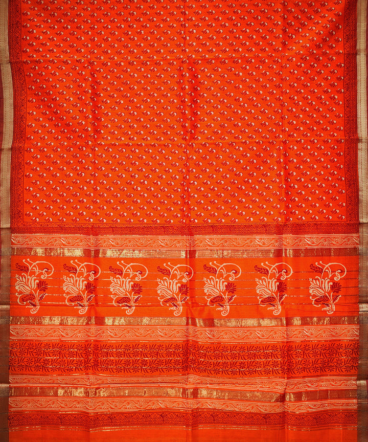 Orange hand block printed maheshwari cotton silk saree