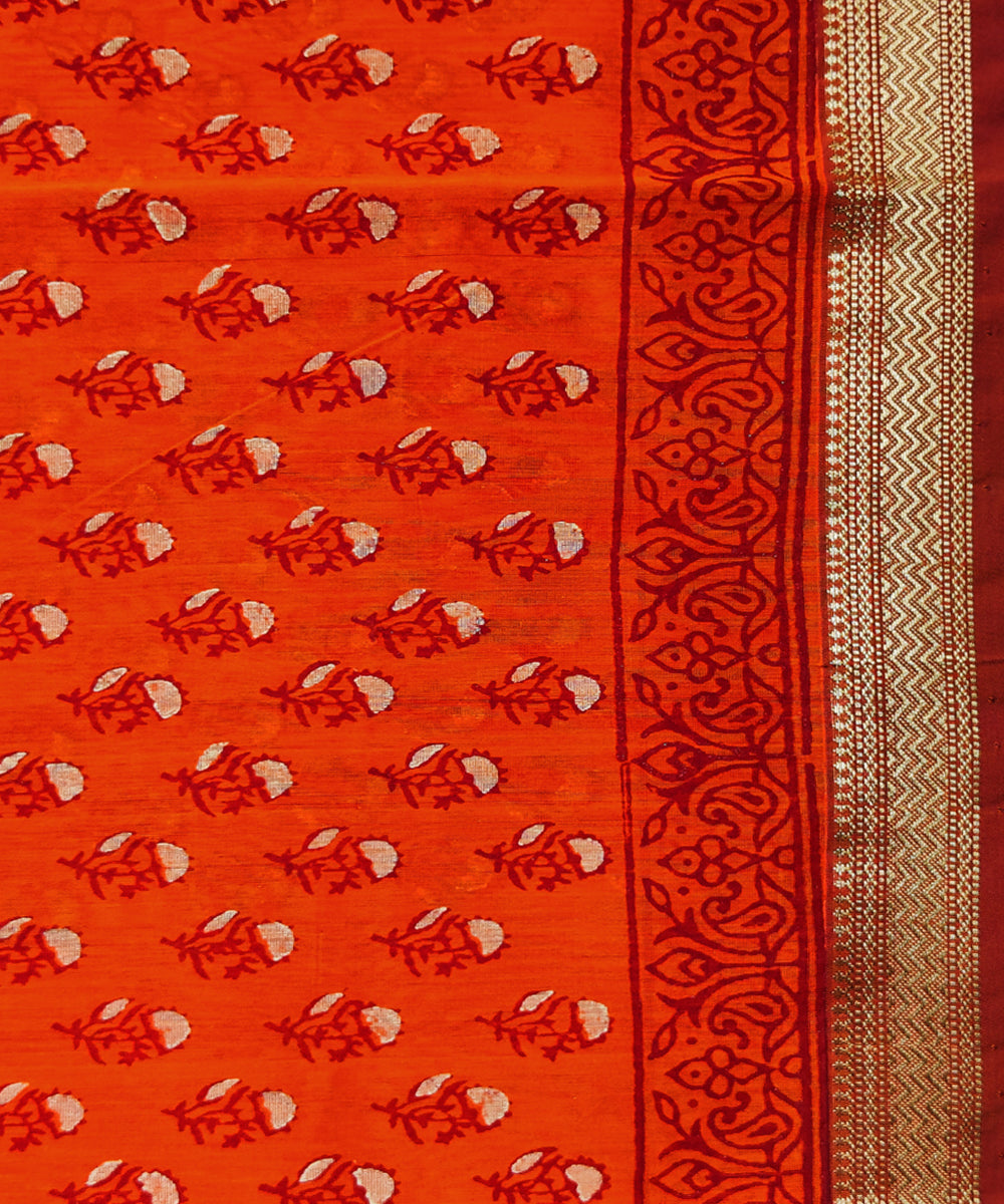 Orange hand block printed maheshwari cotton silk saree