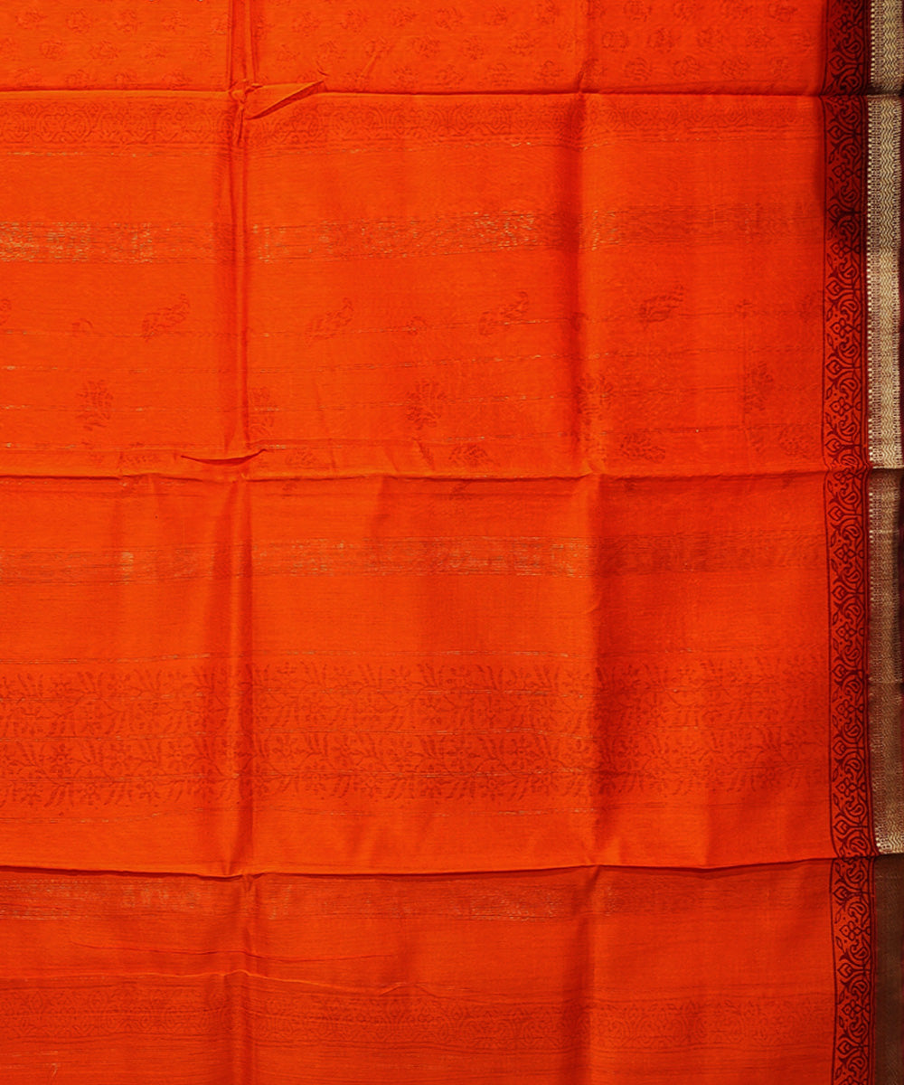 Orange hand block printed maheshwari cotton silk saree