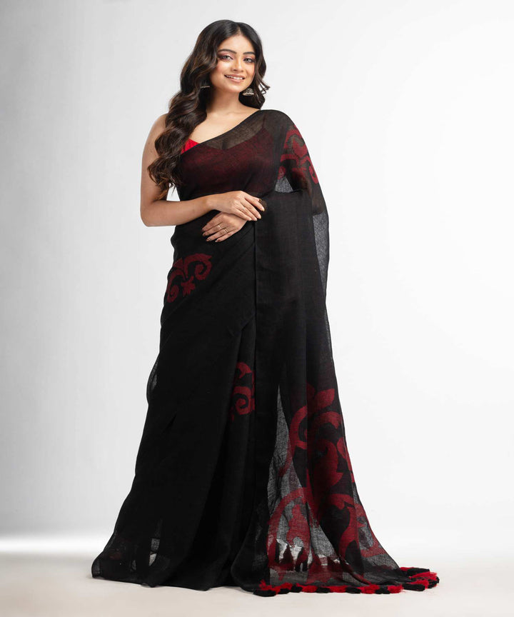 Black maroon handwoven bengal linen saree