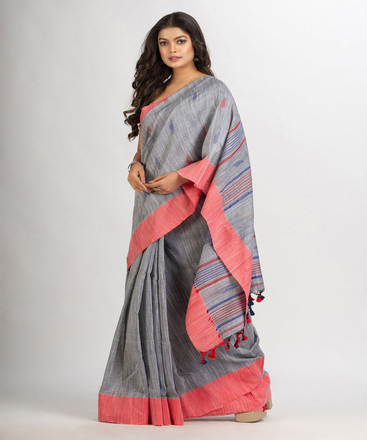 Grey pink handwoven cotton bengal saree