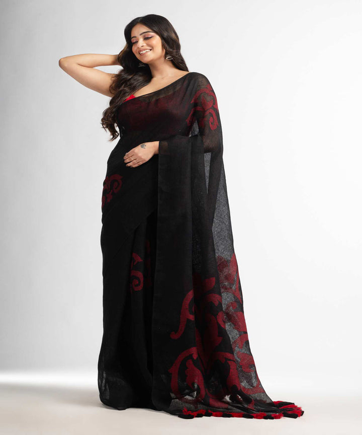 Black maroon handwoven bengal linen saree