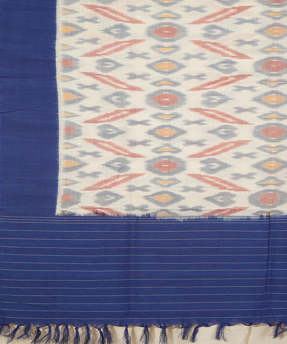 White blue handwoven cotton pochampally ikat dupatta