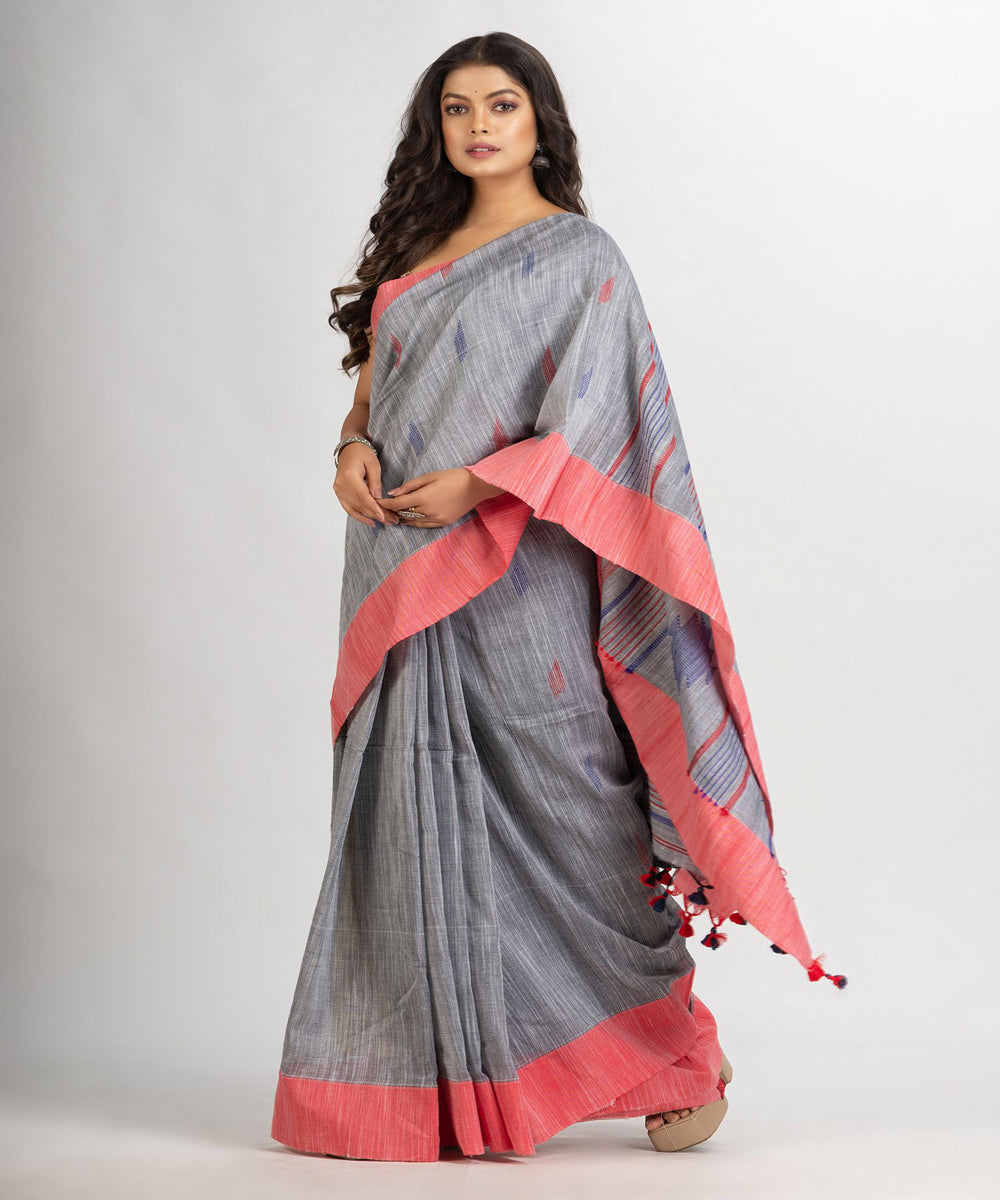 Grey pink handwoven cotton bengal saree