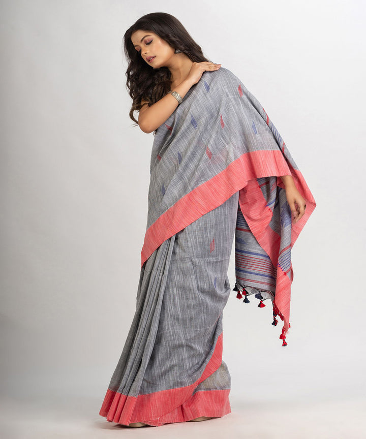 Grey pink handwoven cotton bengal saree