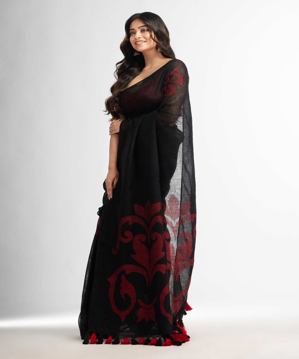 Black maroon handwoven bengal linen saree