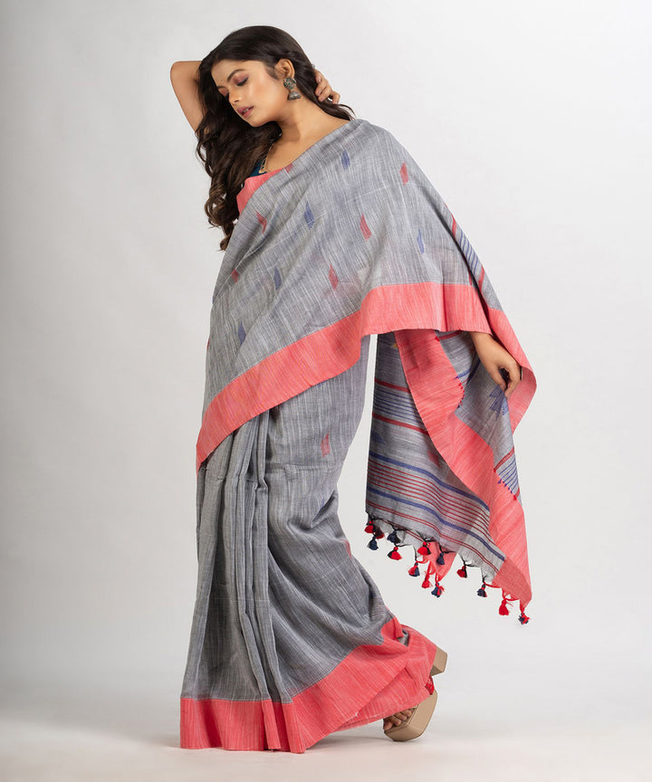 Grey pink handwoven cotton bengal saree