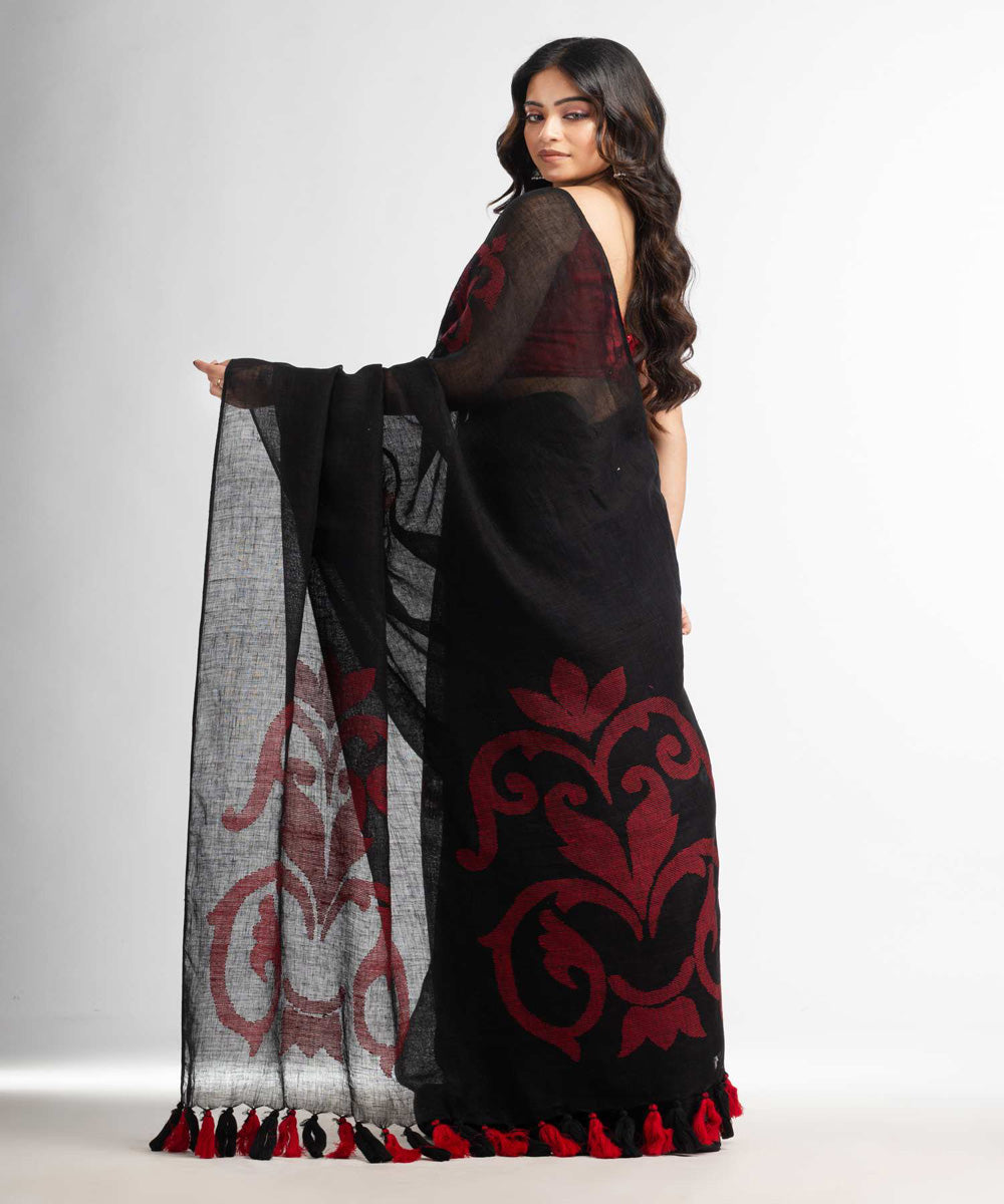 Black maroon handwoven bengal linen saree