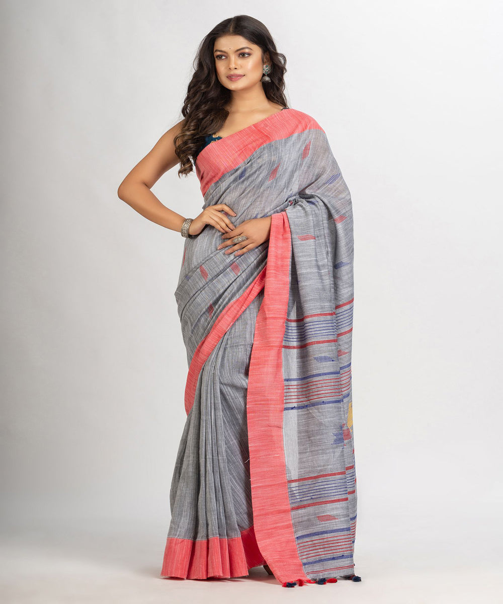 Grey pink handwoven cotton bengal saree