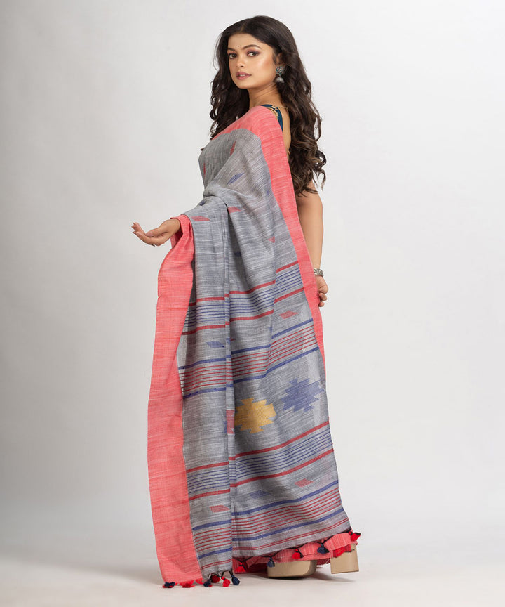 Grey pink handwoven cotton bengal saree