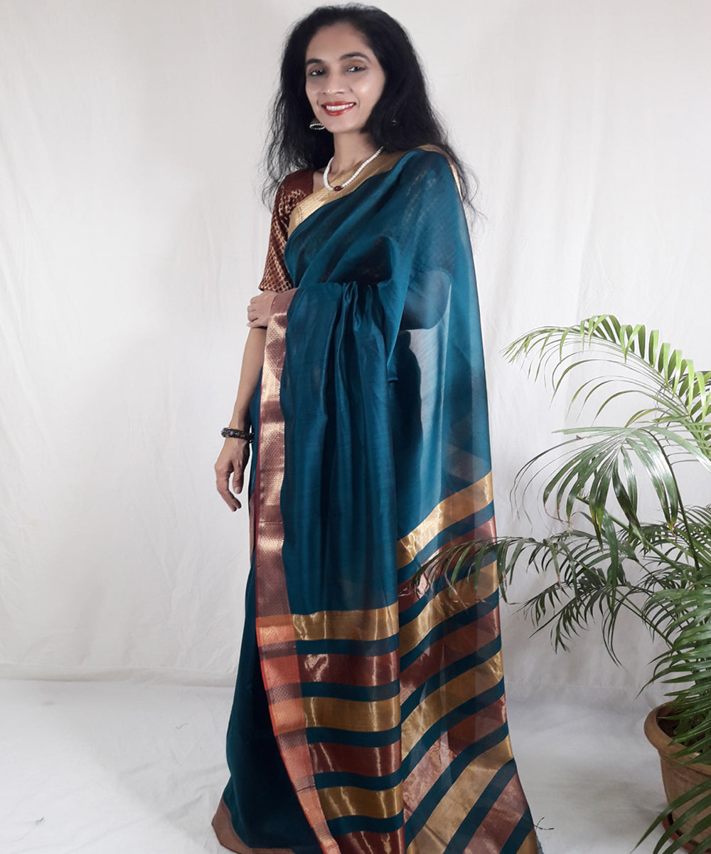 Dark blue shade handwoven silk maheshwari saree