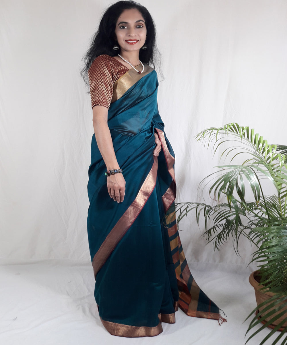 Dark blue shade handwoven silk maheshwari saree