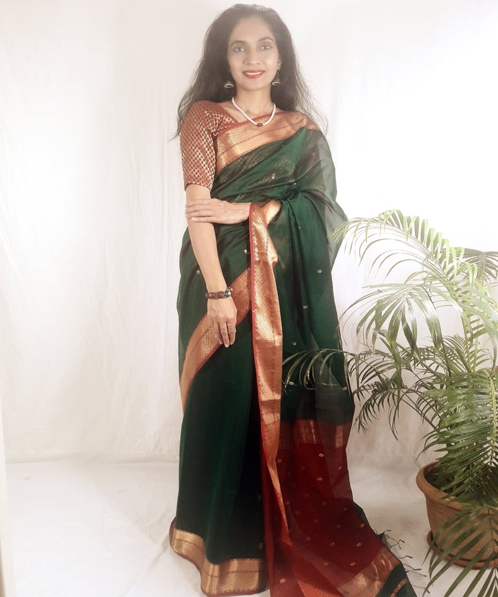 Dark green red handwoven silk maheshwari saree