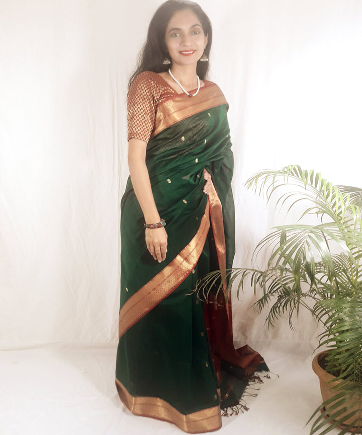 Dark green red handwoven silk maheshwari saree