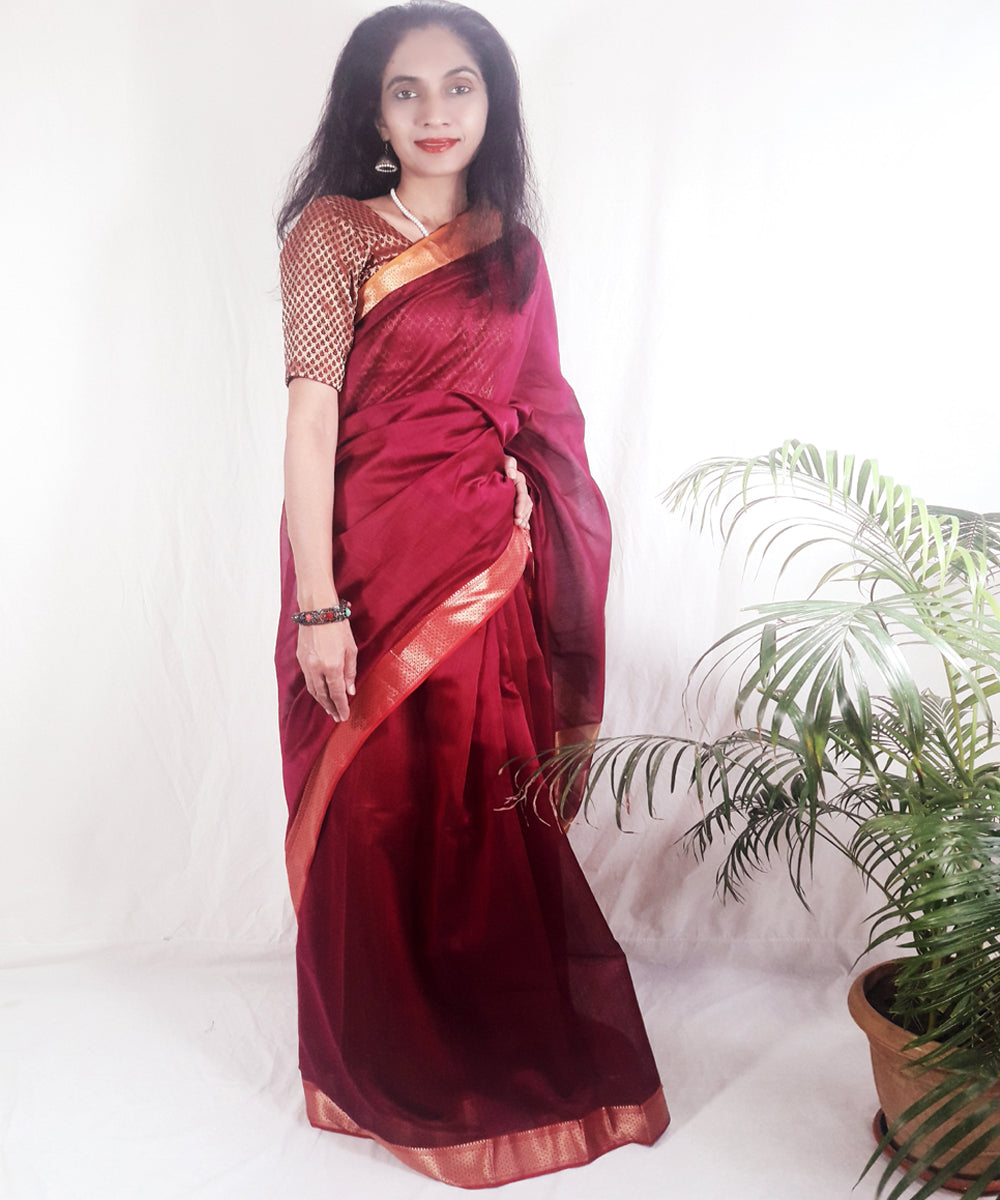 Dark magenta handwoven silk maheshwari saree