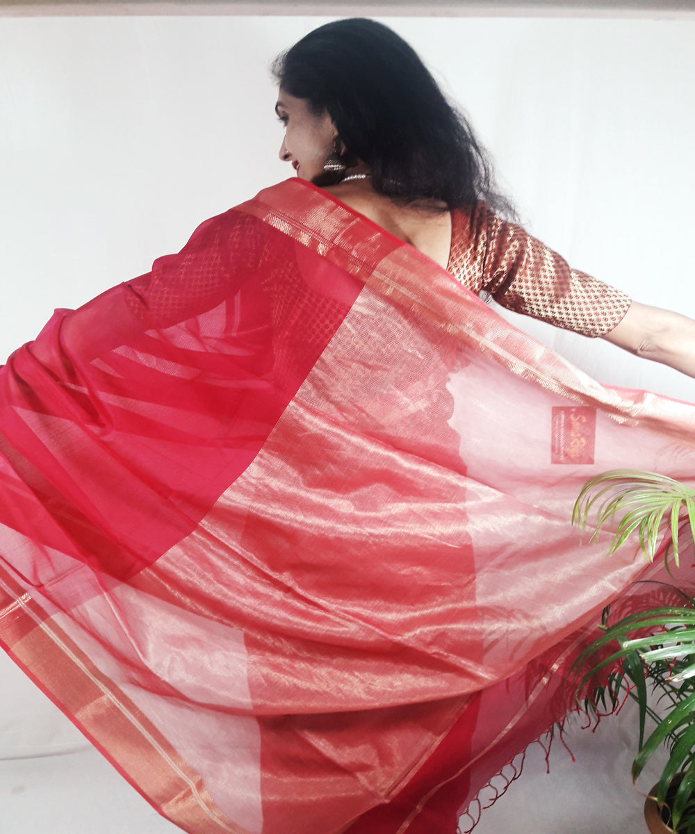 Red orange handwoven silk maheshwari saree