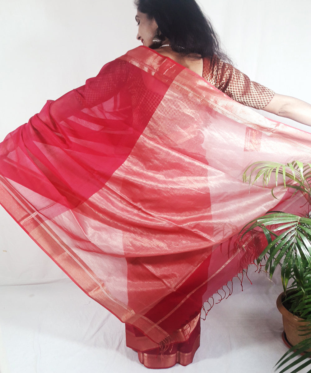 Red orange handwoven silk maheshwari saree