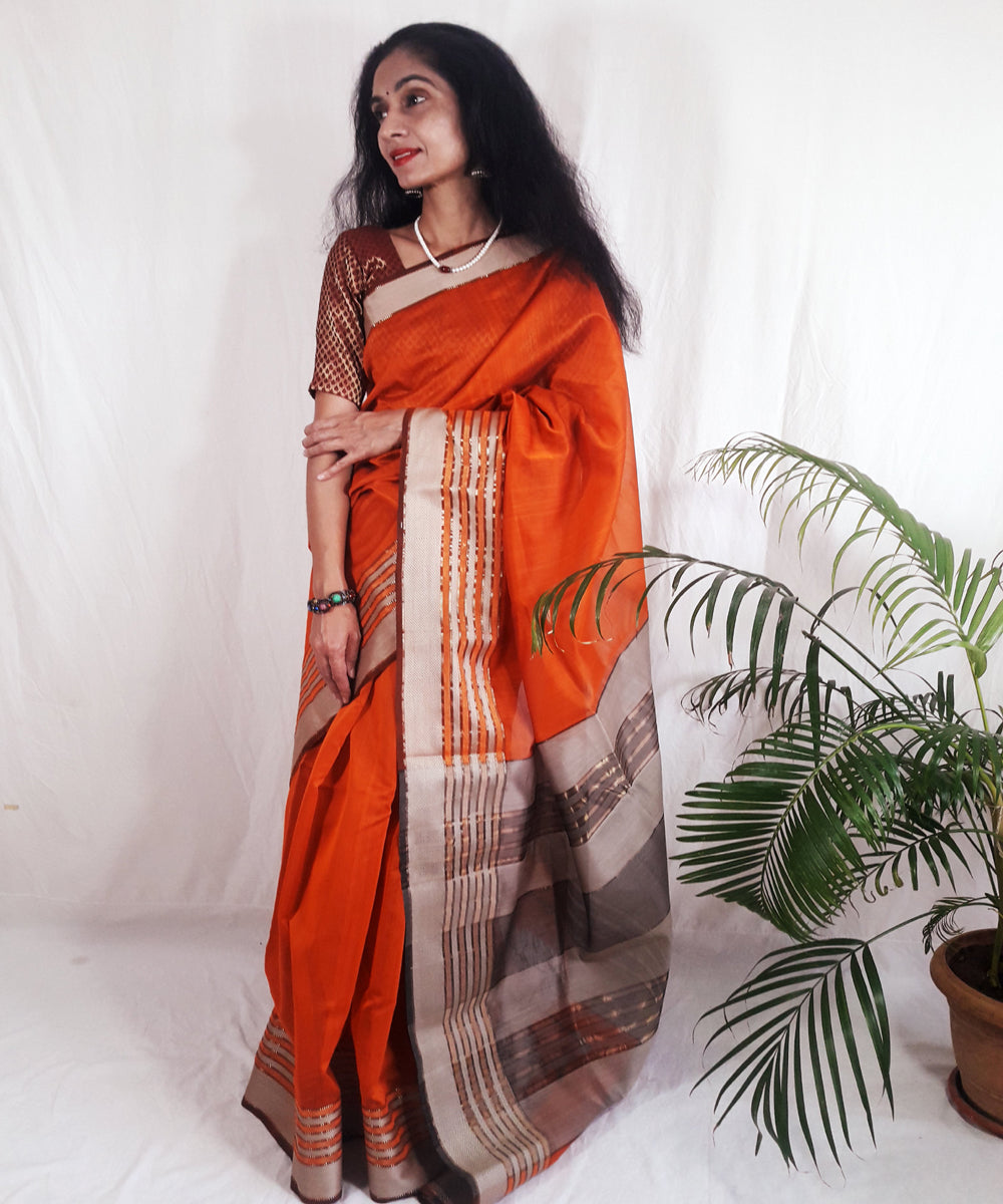 Orange handwoven silk maheshwari saree