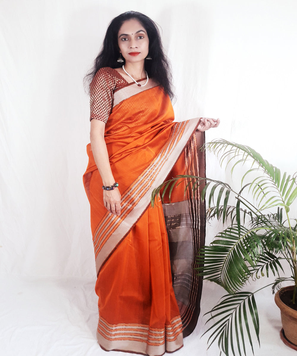 Orange handwoven silk maheshwari saree