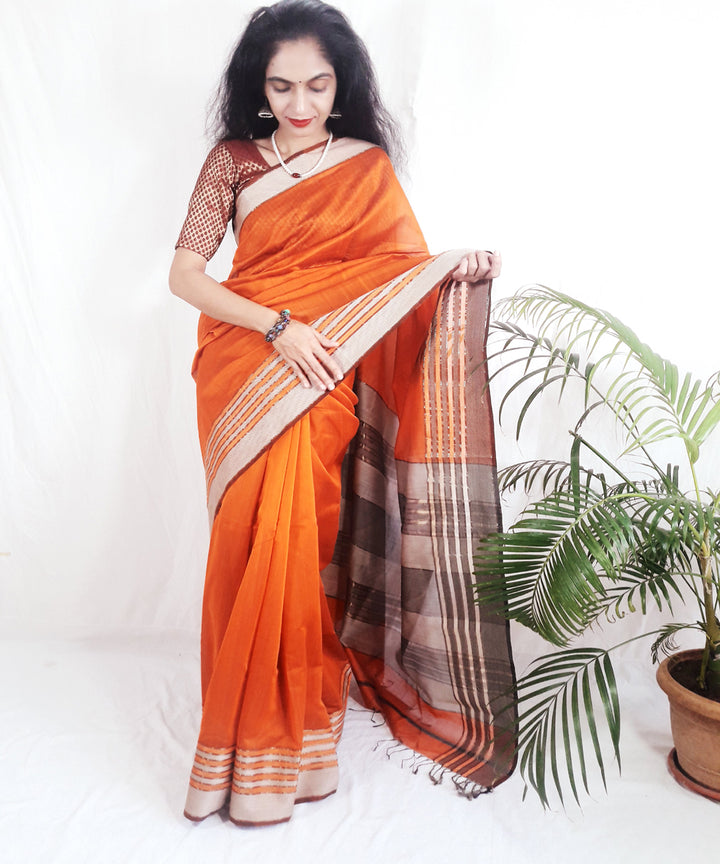 Orange handwoven silk maheshwari saree