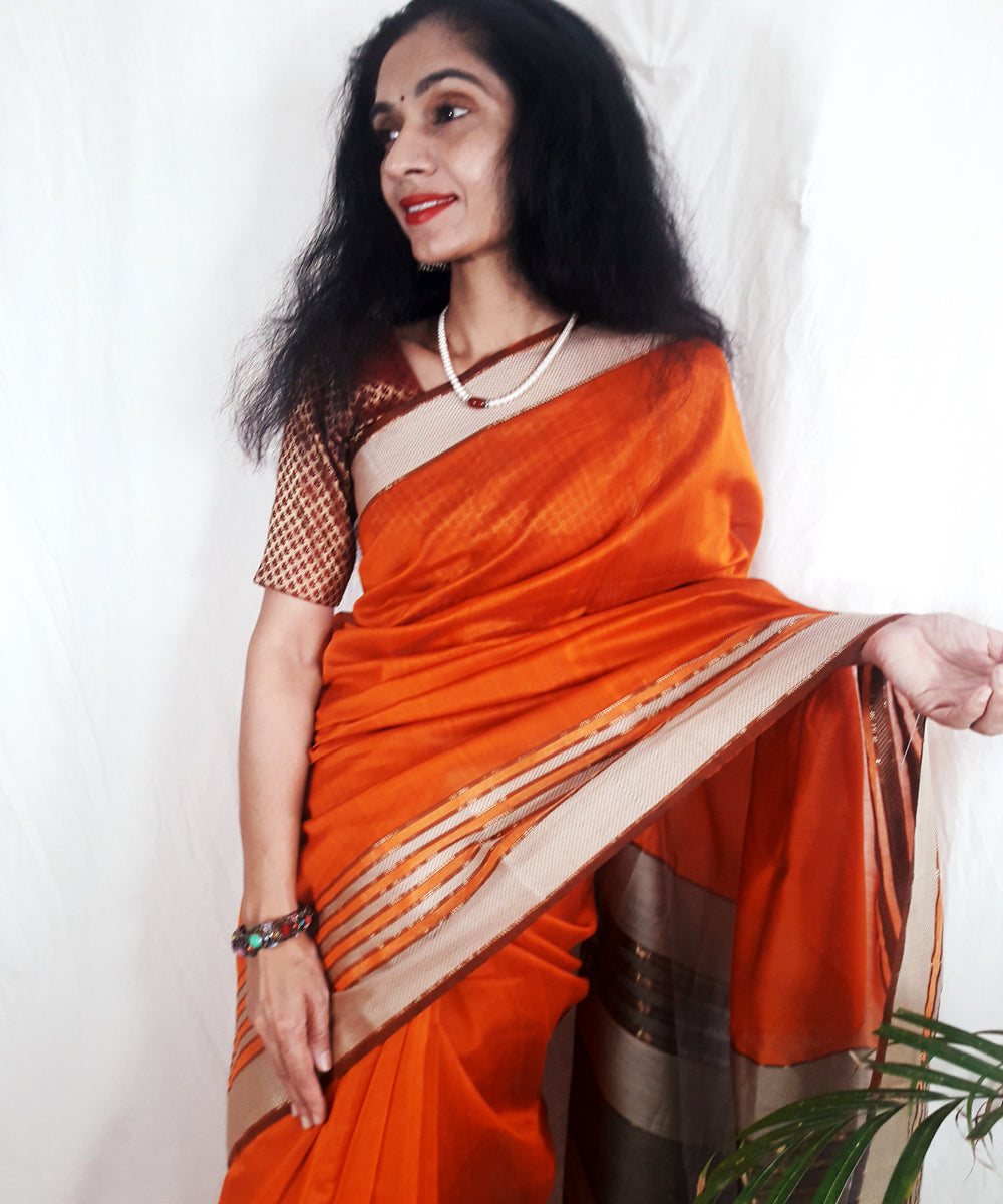 Orange handwoven silk maheshwari saree