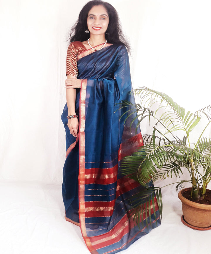 Dark blue handwoven silk maheshwari saree