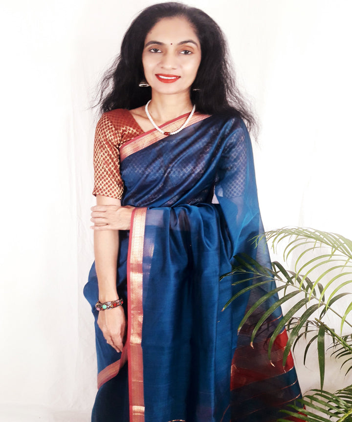 Dark blue handwoven silk maheshwari saree