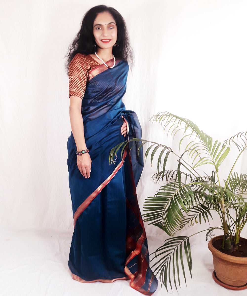 Dark blue handwoven silk maheshwari saree