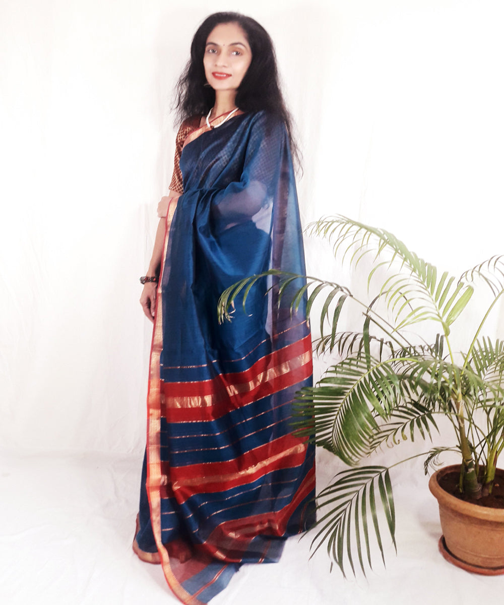 Dark blue handwoven silk maheshwari saree