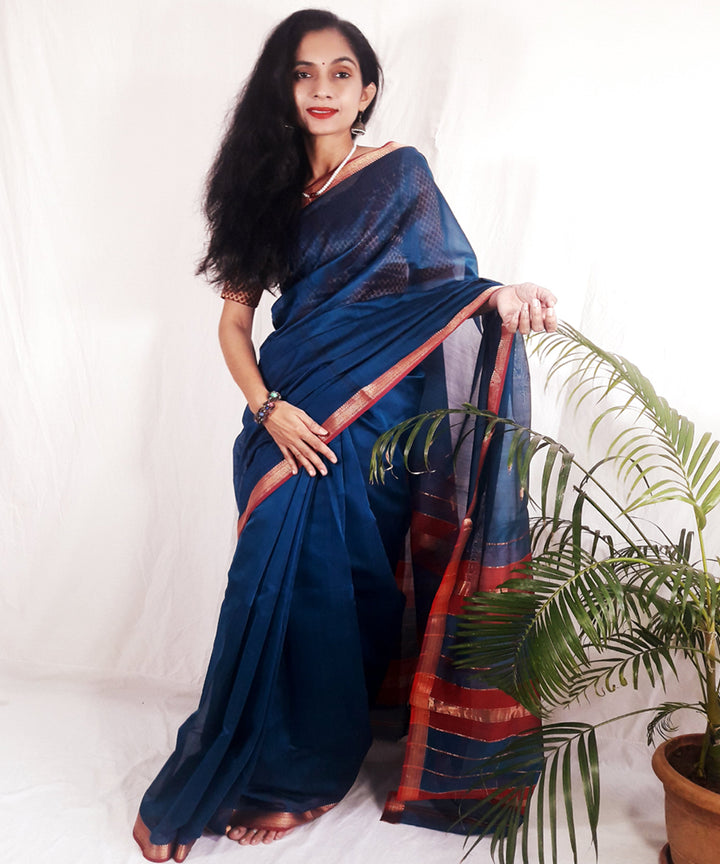 Dark blue handwoven silk maheshwari saree