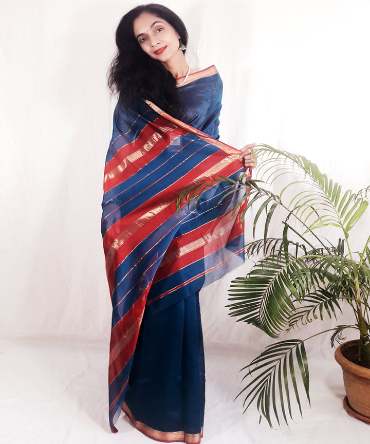 Dark blue handwoven silk maheshwari saree