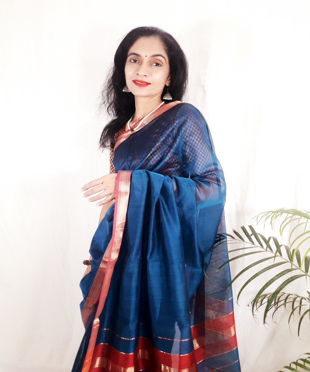 Dark blue handwoven silk maheshwari saree