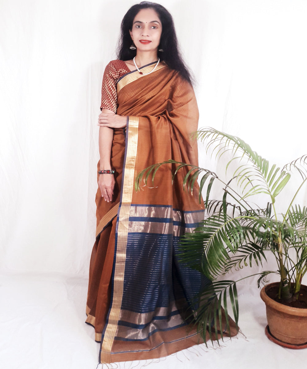 Brown handwoven silk maheshwari saree