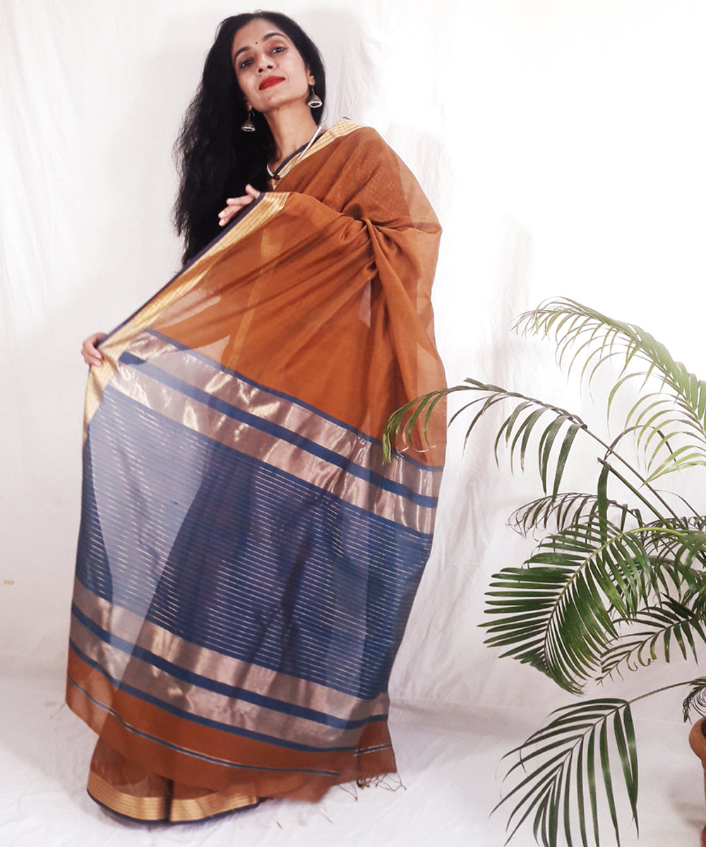 Brown handwoven silk maheshwari saree