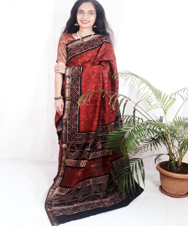 Maroon hand block printed silk ajrakh saree