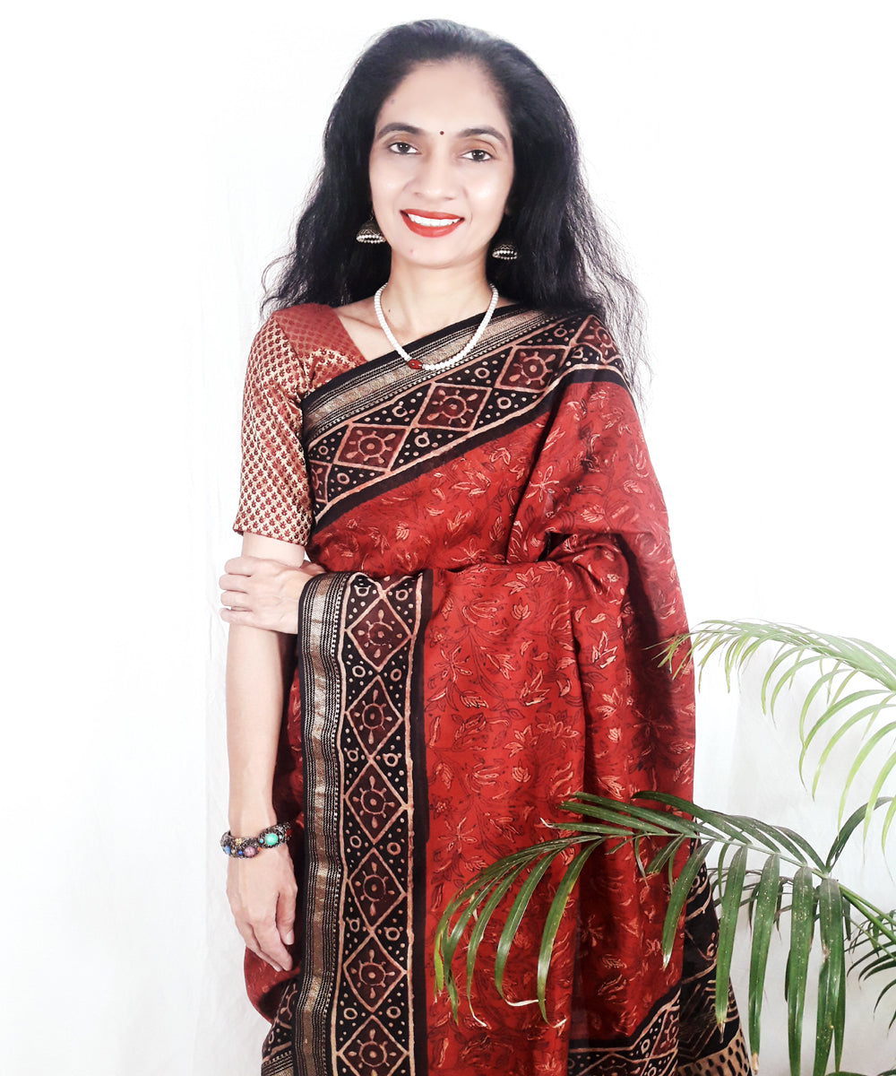 Maroon hand block printed silk ajrakh saree