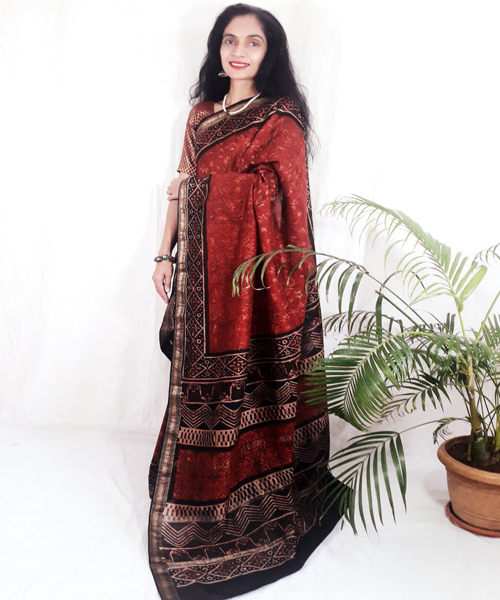 Maroon hand block printed silk ajrakh saree