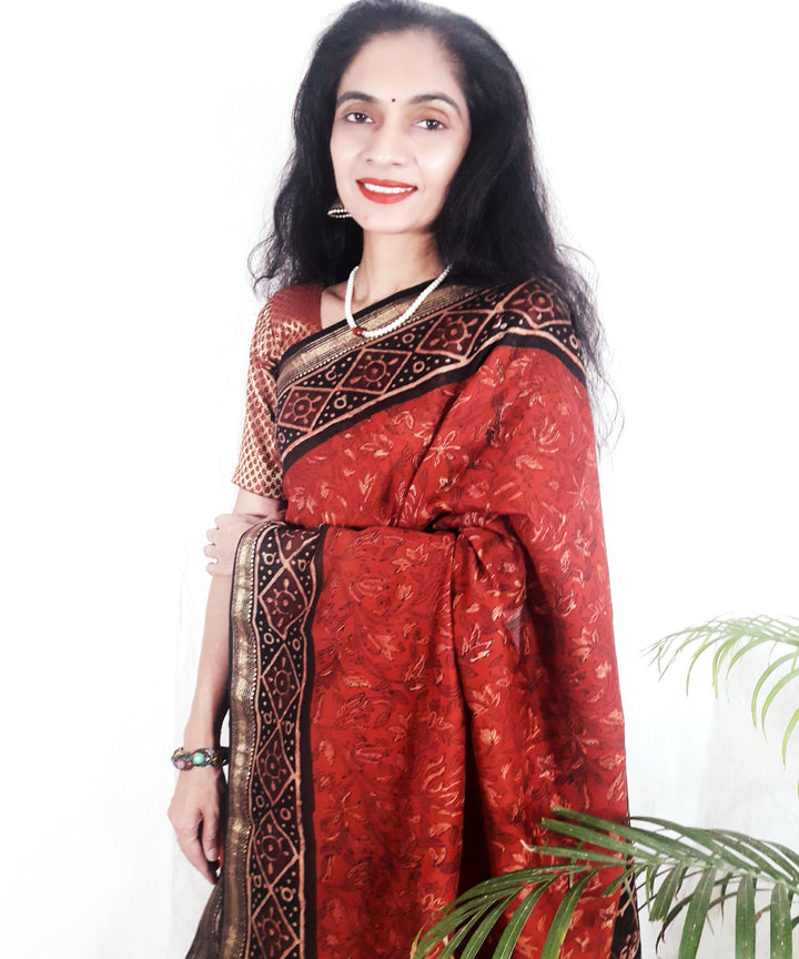 Maroon hand block printed silk ajrakh saree