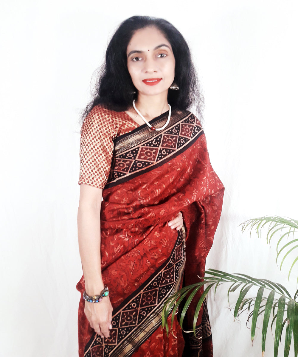 Maroon hand block printed silk ajrakh saree