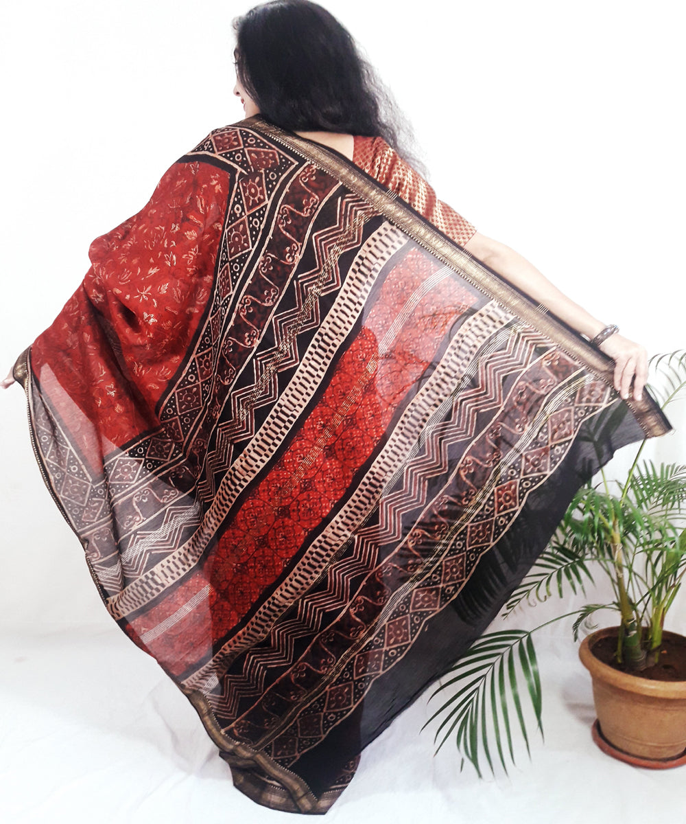 Maroon hand block printed silk ajrakh saree