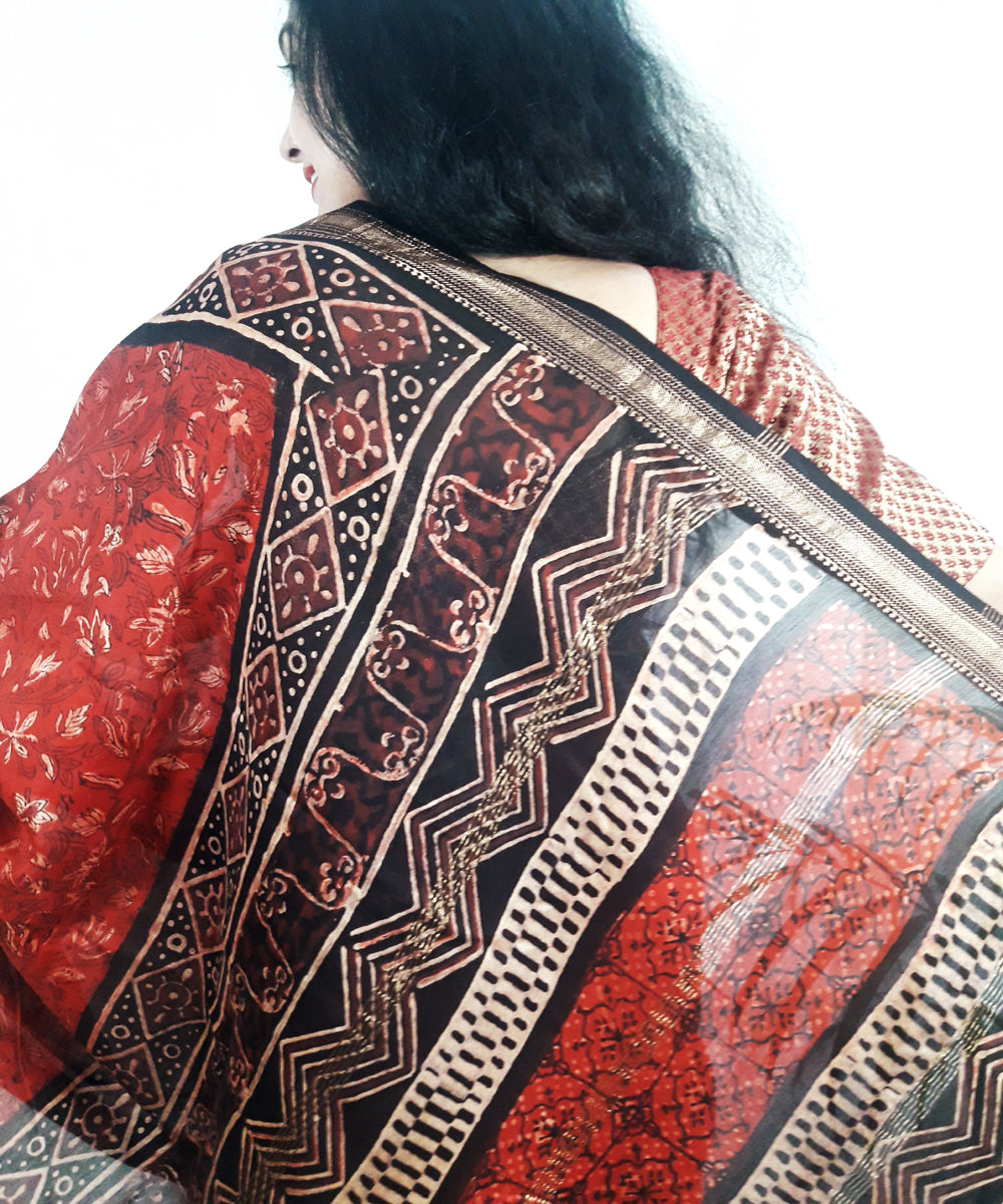 Maroon hand block printed silk ajrakh saree