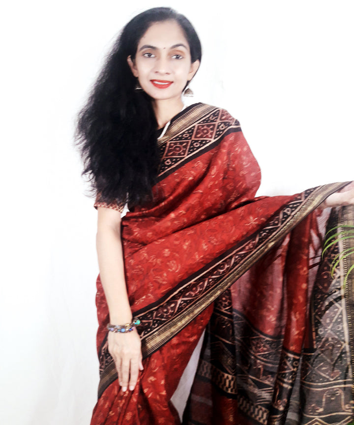 Maroon hand block printed silk ajrakh saree