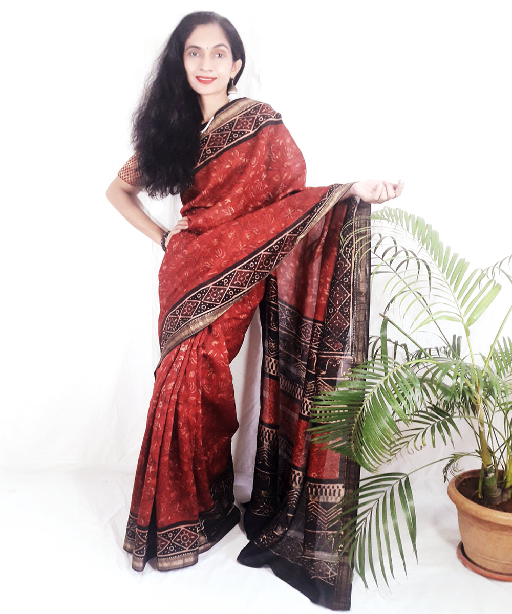 Maroon hand block printed silk ajrakh saree