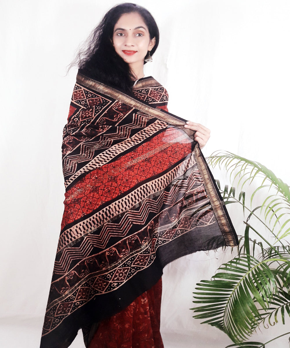 Maroon hand block printed silk ajrakh saree