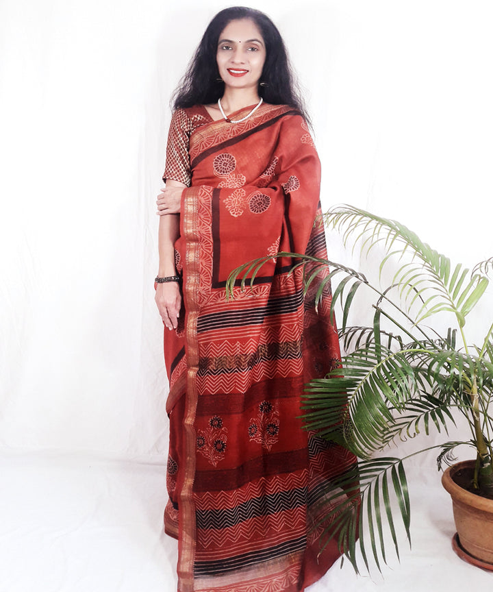 Orange hand printed silk ajrakh saree