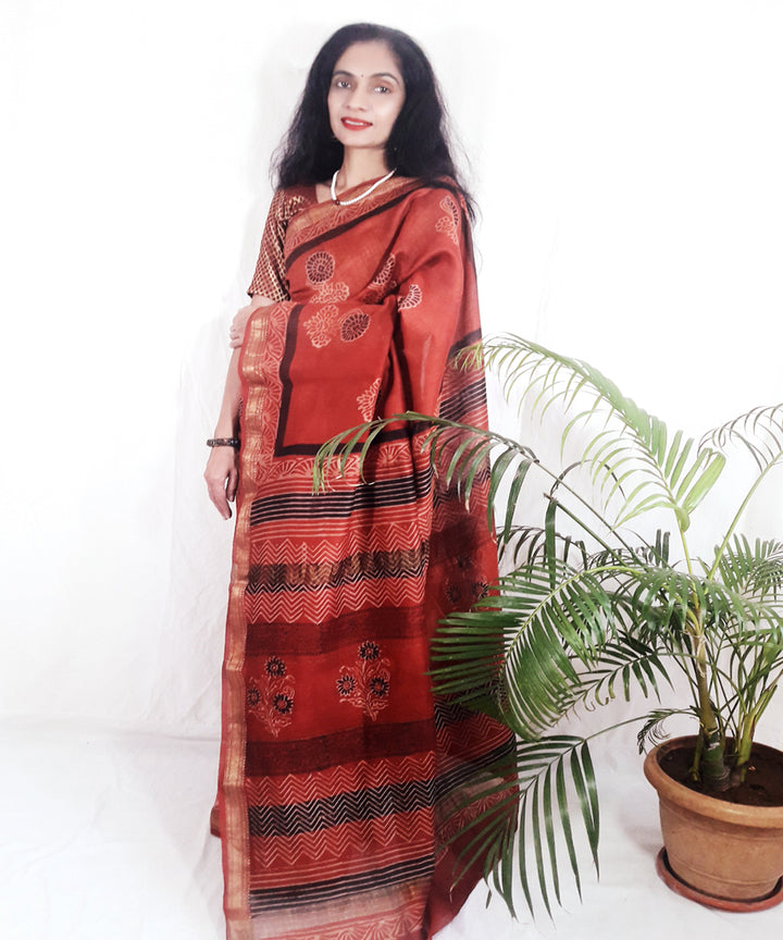 Orange hand printed silk ajrakh saree